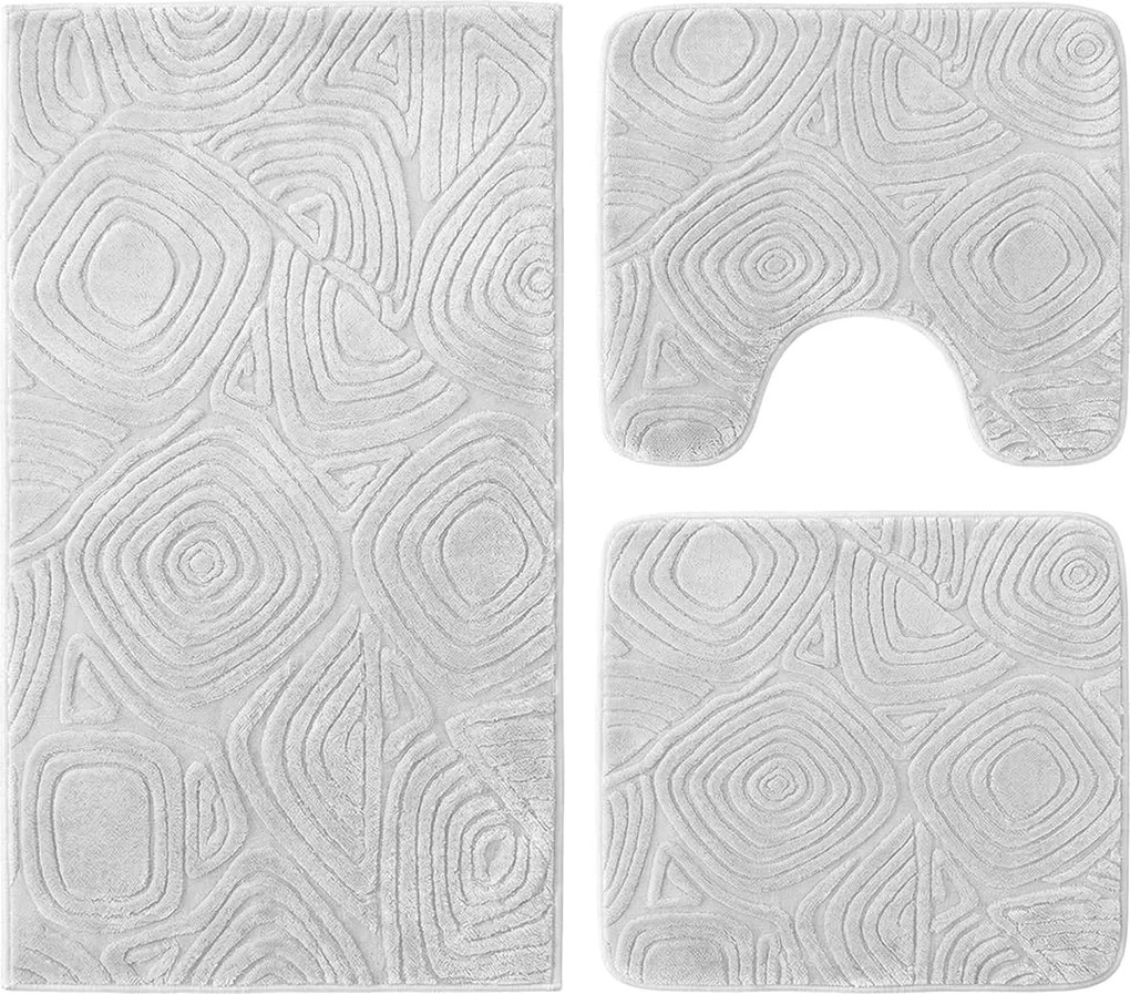 Set covoare baie antiderapante, 3 piese, alb, textura soft triunghi