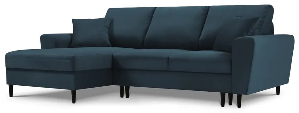 Colțar albastru închis extensibil, cu spațiu de depozitare cu tapițerie din catifea reiată (cu colț pe partea stângă, cu șezlong) Kyoto – Cosmopolitan Design