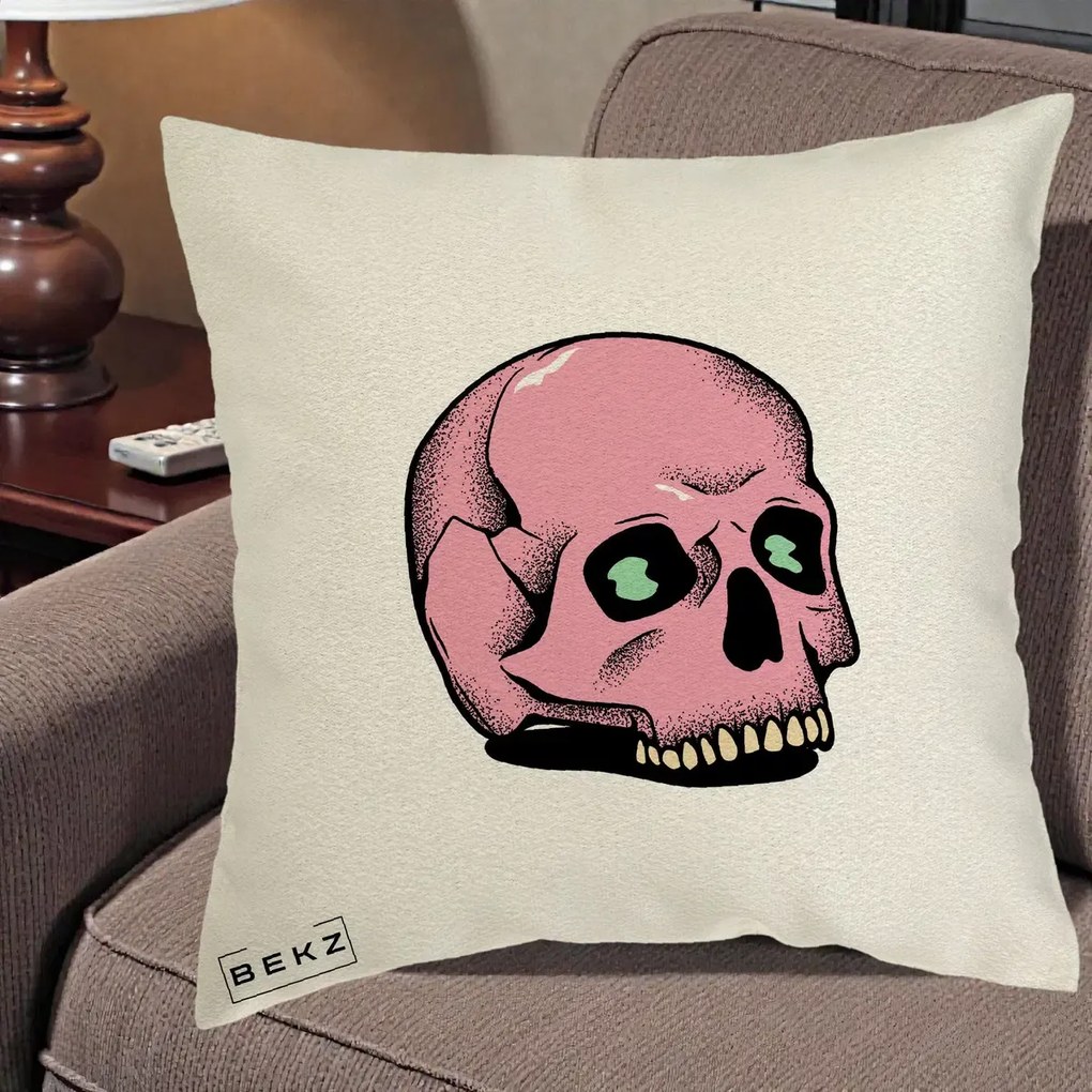 Perna Decorativa Craniu Roz Tatoo Art Halloween, 40x40 cm, Ecru, Husa Detasabila, Perna Inclusa, BEKZ®