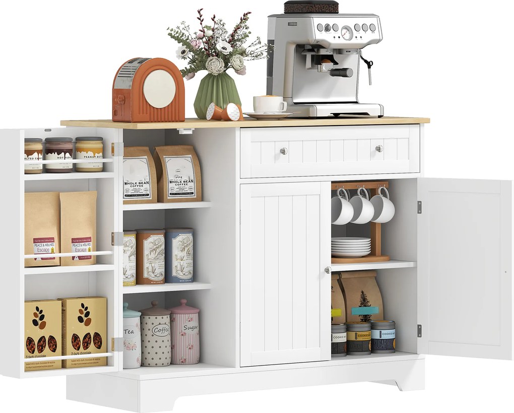 HOMCOM Bufet de bucătărie, mobilier de depozitare cu 3 uși, sertar, rafturi pe ușă și raft reglabil, 105x40x83cm, alb | Aosom Romania