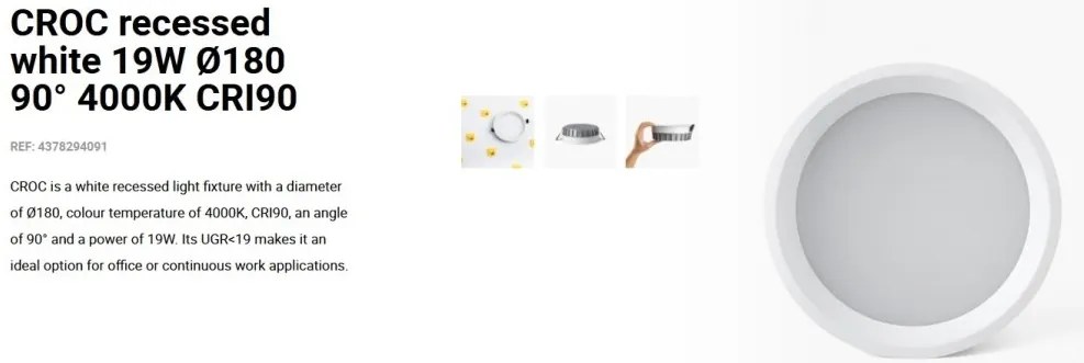 Spot LED incastrabil recessed white 19W 18cm 90 grade 4000K CRI90