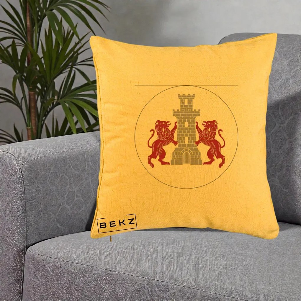 Perna Personalizata Cetatea Turnu Magurele Heraldic, 40x40 cm, Galben, Husa Detasabila, Perna Inclusa, BEKZ®