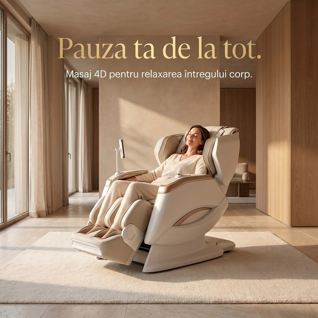 Fotoliu masaj 4D ROVO Luxury cu Zero Gravity, sina 120 cm si incalzire lombara, Bej