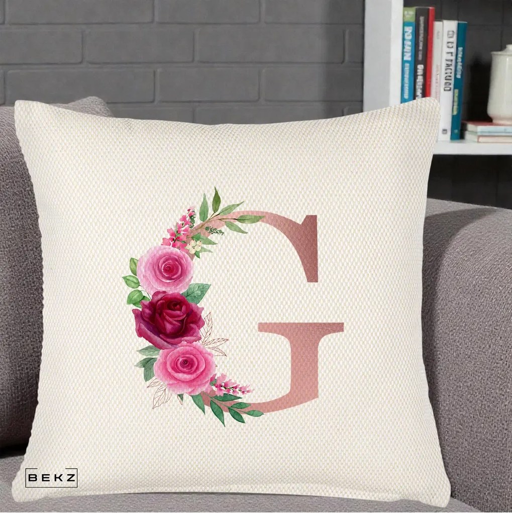 Cadou Personalizat - Perna Personalizata Monograma Rose Gold Litera G, 40x40 cm, Crem Reliefat, Husa Detasabila, Perna Inclusa, BEKZ®