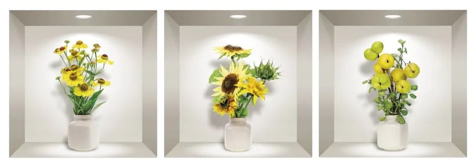 Set 3 autocolante 3D pentru perete Ambiance Yellow Flowers