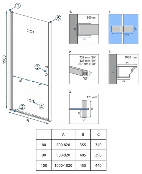 Usa de nisa pliabila Rea Molier 100 cm sticla 6 mm + profil magnetic crom