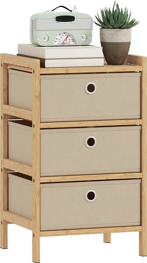 HOMCOM Comodă cu 3 Sertare din Material Textil Structură din Bambus Comodă pentru Spații Mici Crem și Natural | Aosom Romania