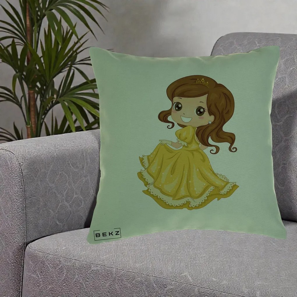 Perna Decorativa Printesa Bella Rochie Aurie, 40x40 cm, Verde, Husa Detasabila, Perna Inclusa, BEKZ®