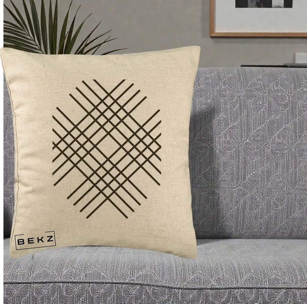 Perna Decorativa Geometric Grid, 40x40 cm, Bej, Husa Detasabila, Perna Inclusa, BEKZ®