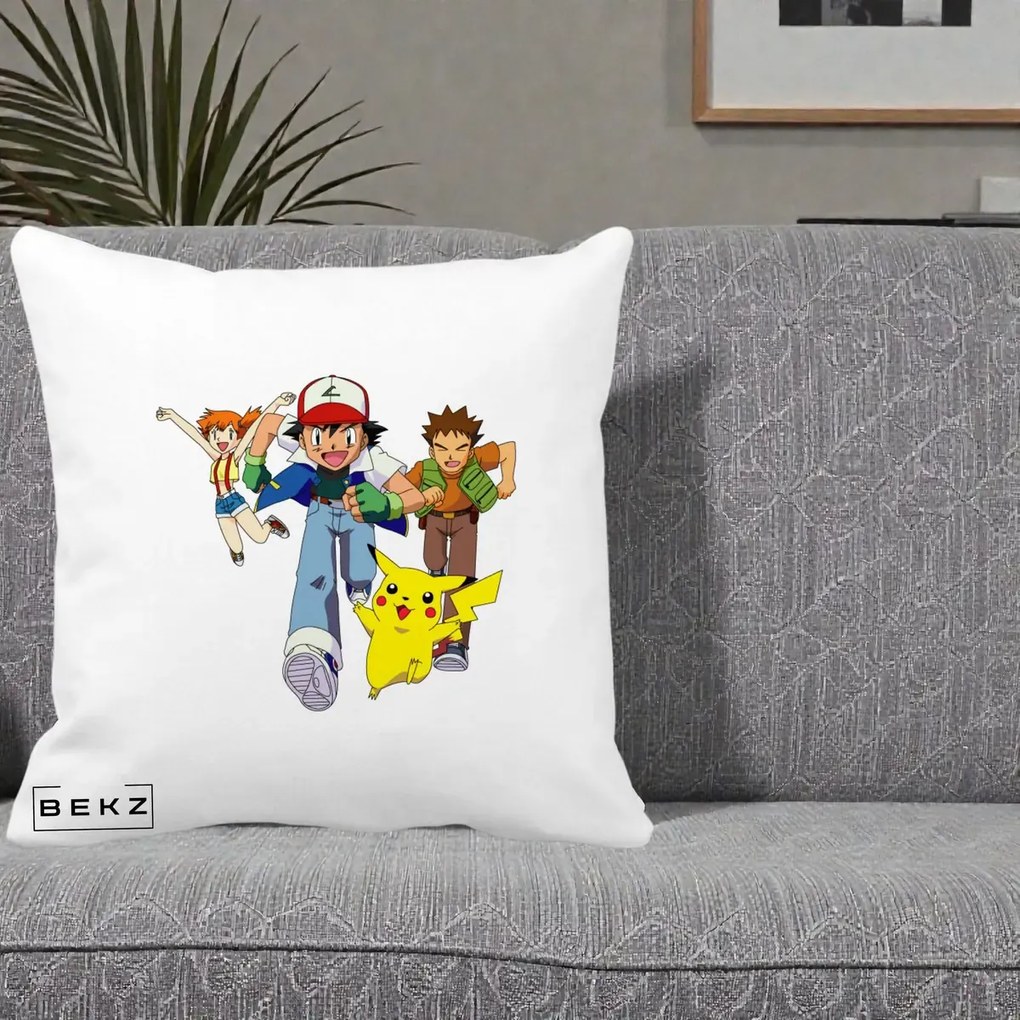 Perna Personalizata Pokemon Ash Misty Brock si Pikachu, 40x40 cm, Alba Mata, Husa Detasabila, Perna Inclusa, BEKZ®