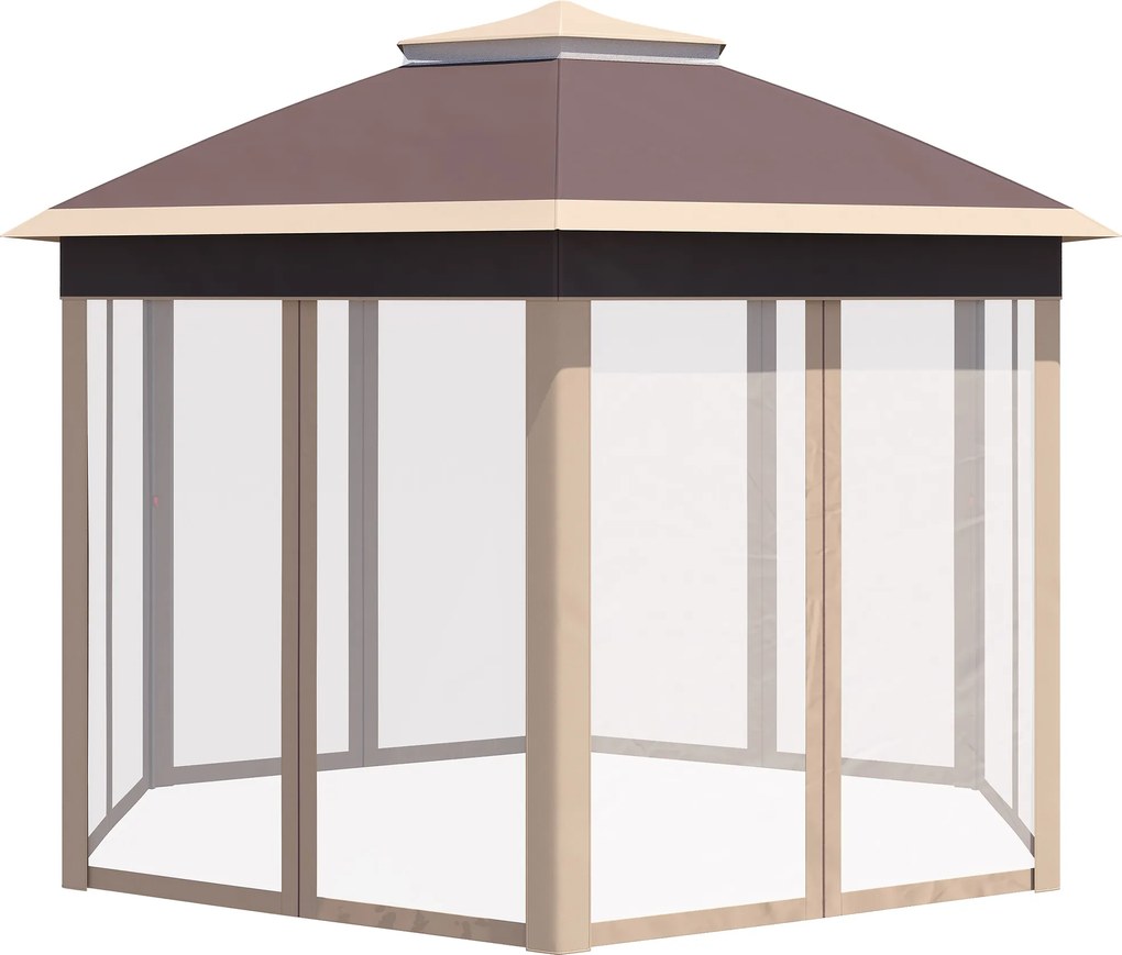 Outsunny Pavilion 4x4m impermeabil pop-up pavilion pliant hexagonal, acoperiș dublu, pavilion de grădină cu 6 părți laterale, cort de petrecere incl. husă de transport, pentru grădină, terasă, festival, Bej+Kaki | Aosom Romania