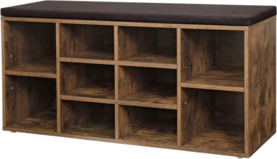 Pantofar cu bancă tapițată GABI, 10 compartimente, 104x30x48cm, negru/maro închis Jurhan