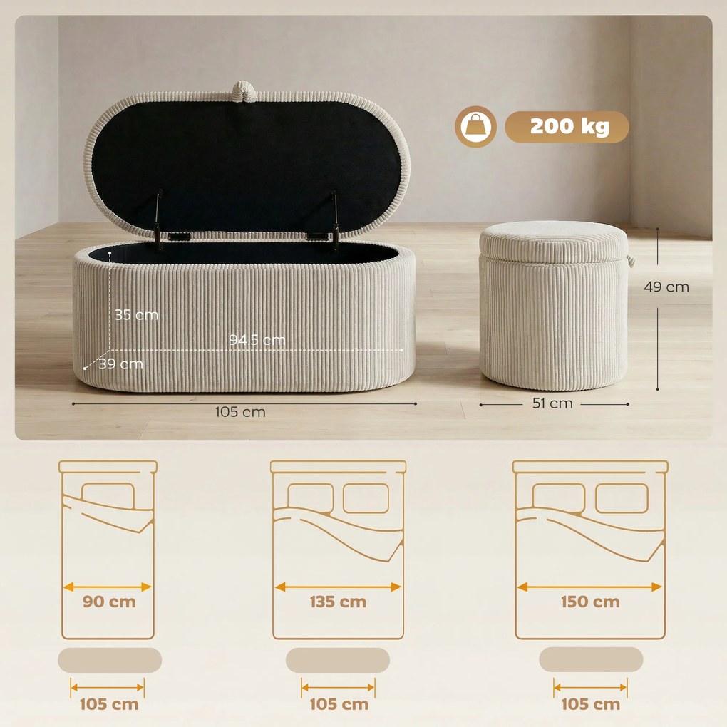 HOMCOM Ottomană de depozitare, tapițerie din cord cu șezut căptușit, bancă la capătul patului, 105 x 51 x 49 cm, Bej | Aosom Romania