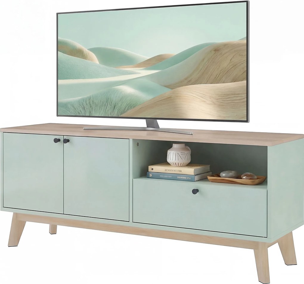 HOMCOM Comodă TV 120 cm, corp TV pentru televizoare până la 91,4 cm cu 2 uși, sertar, compartiment deschis, verde deschis | Aosom Romania