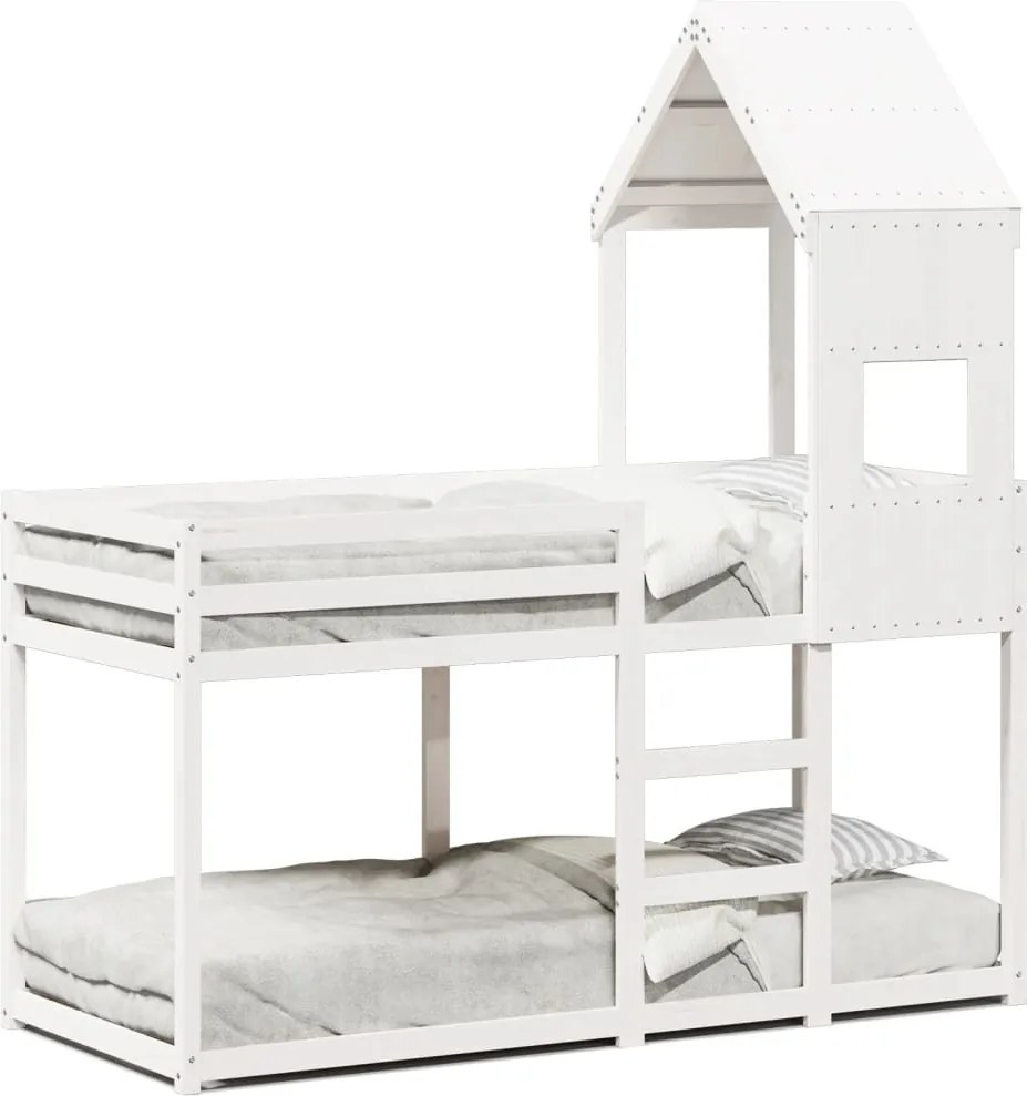vidaXL Pat supraetajat cu acoperiș, alb, 75x190 cm, lemn masiv de pin