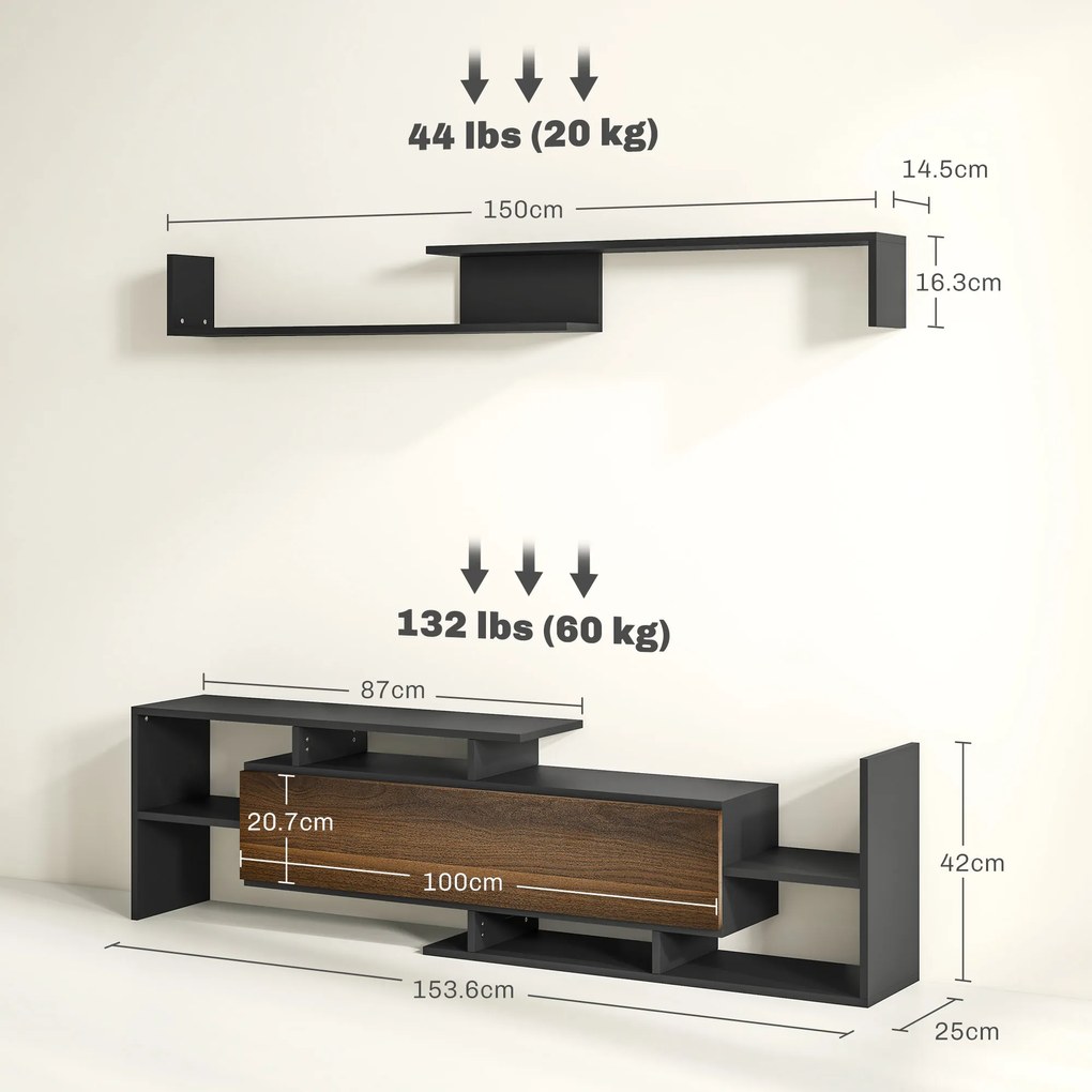 HOMCOM Mobilier TV cu Raft de Perete, Rafturi Deschise și Dulăpior din Lemn, 153,6x25x42 cm, Negru | Aosom Romania