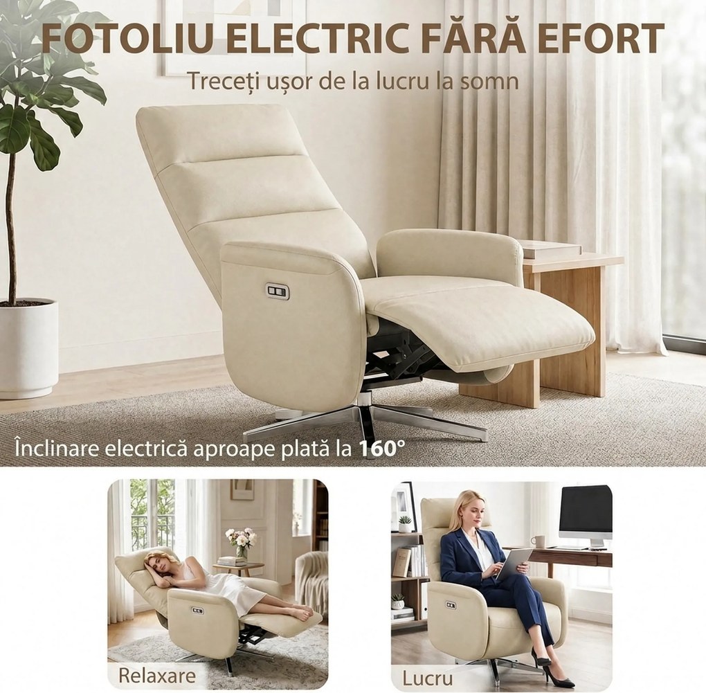 HOMCOM Fotoliu Reclinabil Electric, Rotativ, cu Suport pentru Picioare, USB, Bej | Aosom Romania