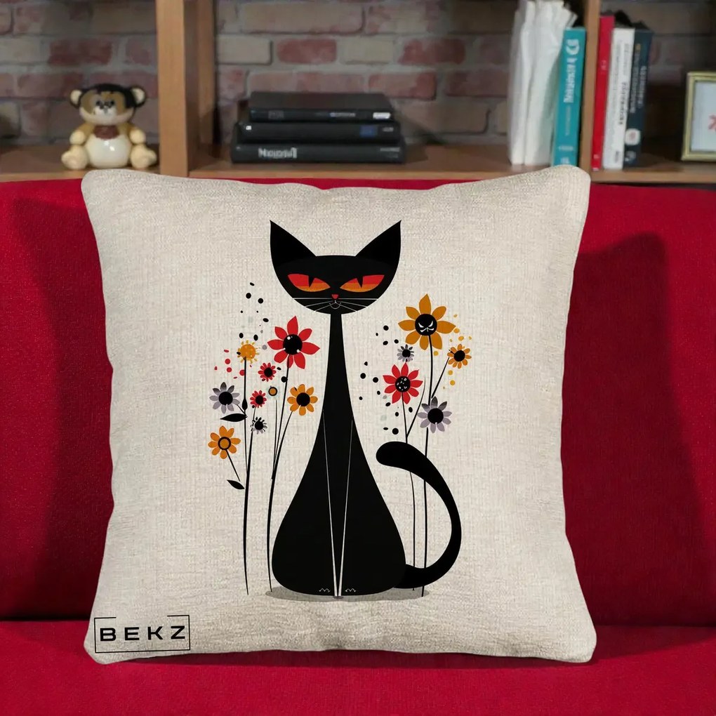 Perna Decorativa Pisica Neagra Ochi Rosii Flori, 40x40 cm, Bej Canapea, Husa Detasabila, Perna Inclusa, BEKZ®