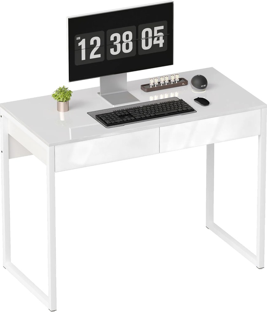 HOMCOM Birou Modern cu 2 Sertare și Picioare din Oțel, 100x50x75 cm, Alb Lucios | Aosom Romania