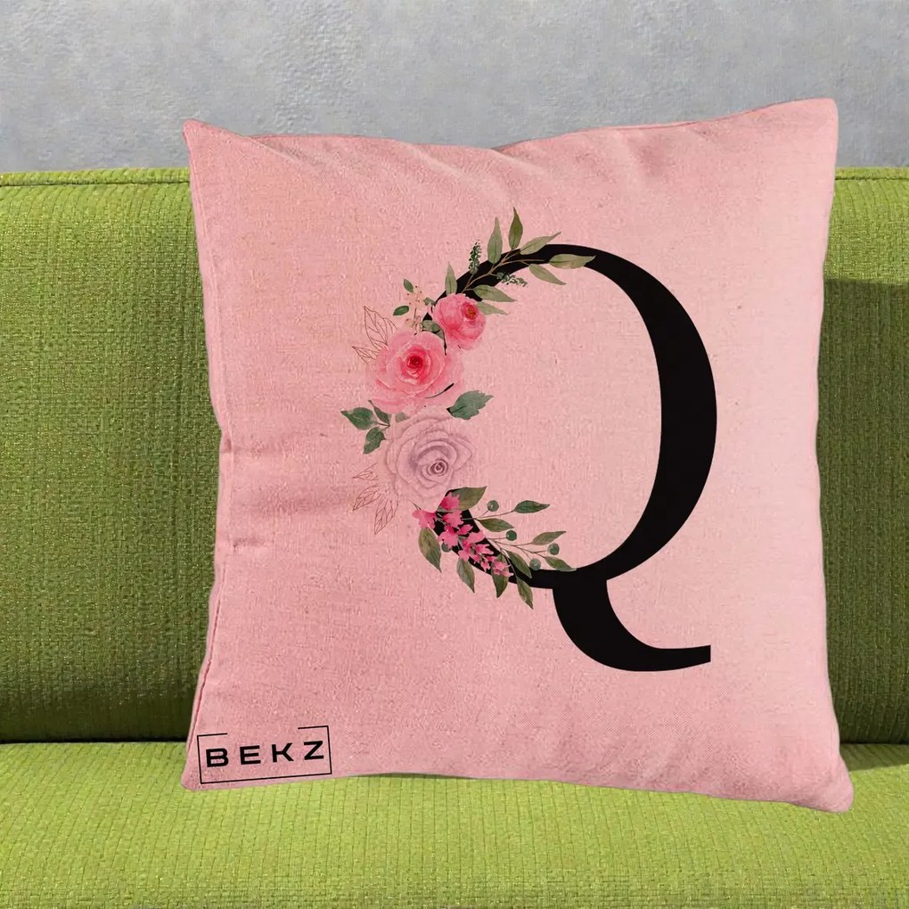 Cadou Personalizat - Perna Personalizata Monograma Florala Litera Q, 40x40 cm, Roz, Husa Detasabila, Perna Inclusa, BEKZ®