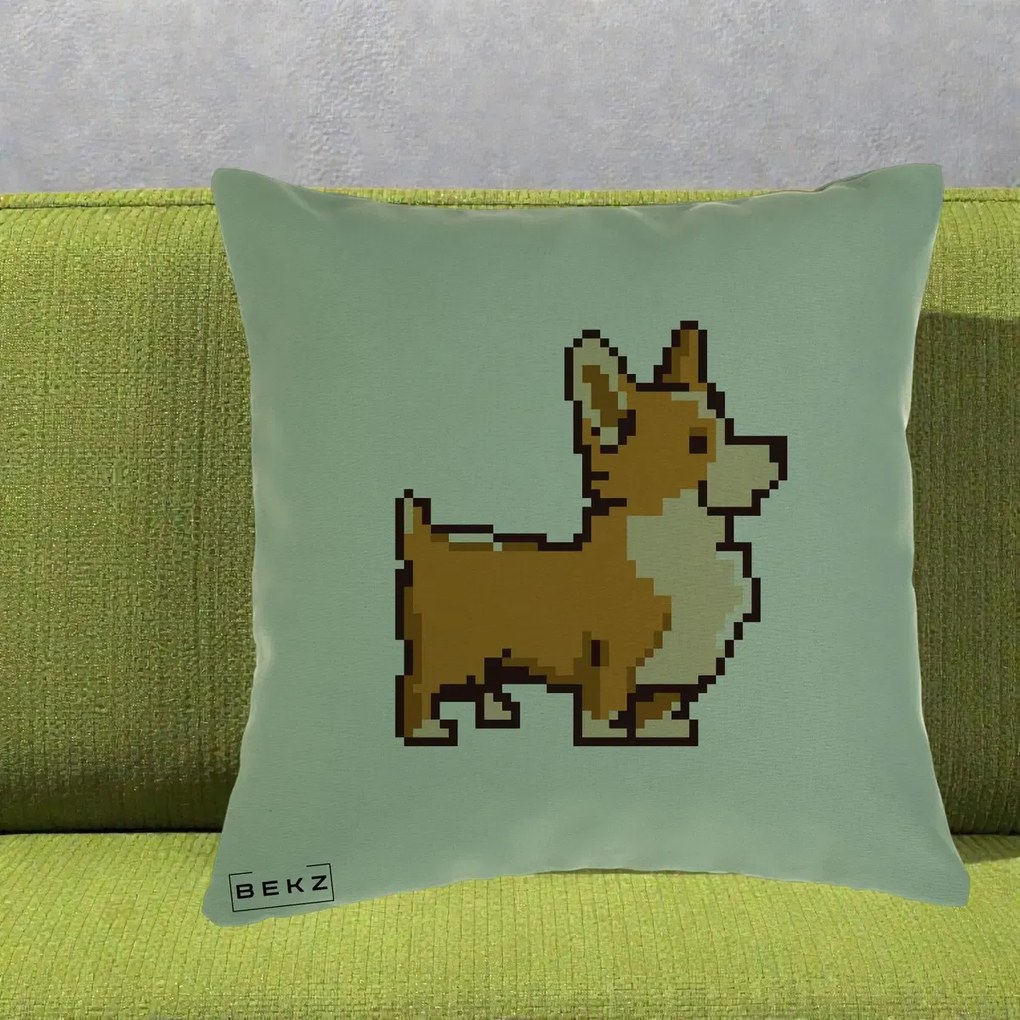 Perna Personalizata Corgi Pixel Art, 40x40 cm, Verde, Husa Detasabila, Perna Inclusa, BEKZ®