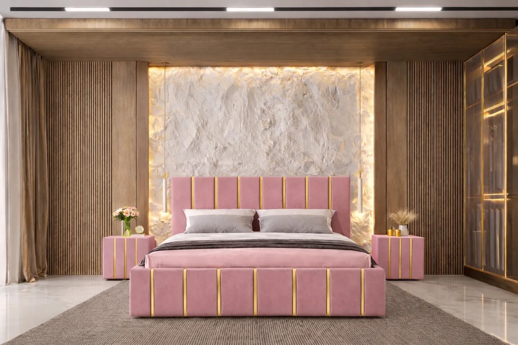 Pat tapitat Hugo 160x200 cm, Roz + Saltea Superortopedica Gold, grosime 20 cm + Set 2 noptiere Hugo, Roz