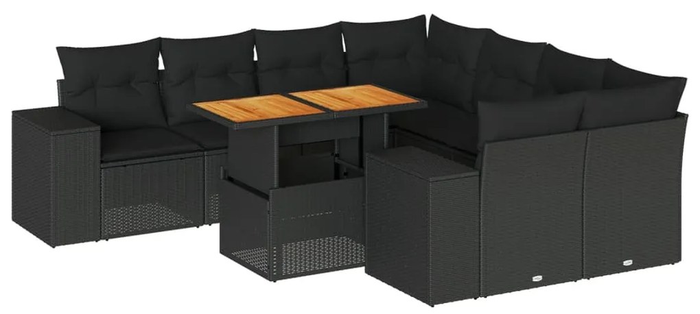 3327352 vidaXL Set mobilier de grădină cu perne, 9 piese, negru, poliratan