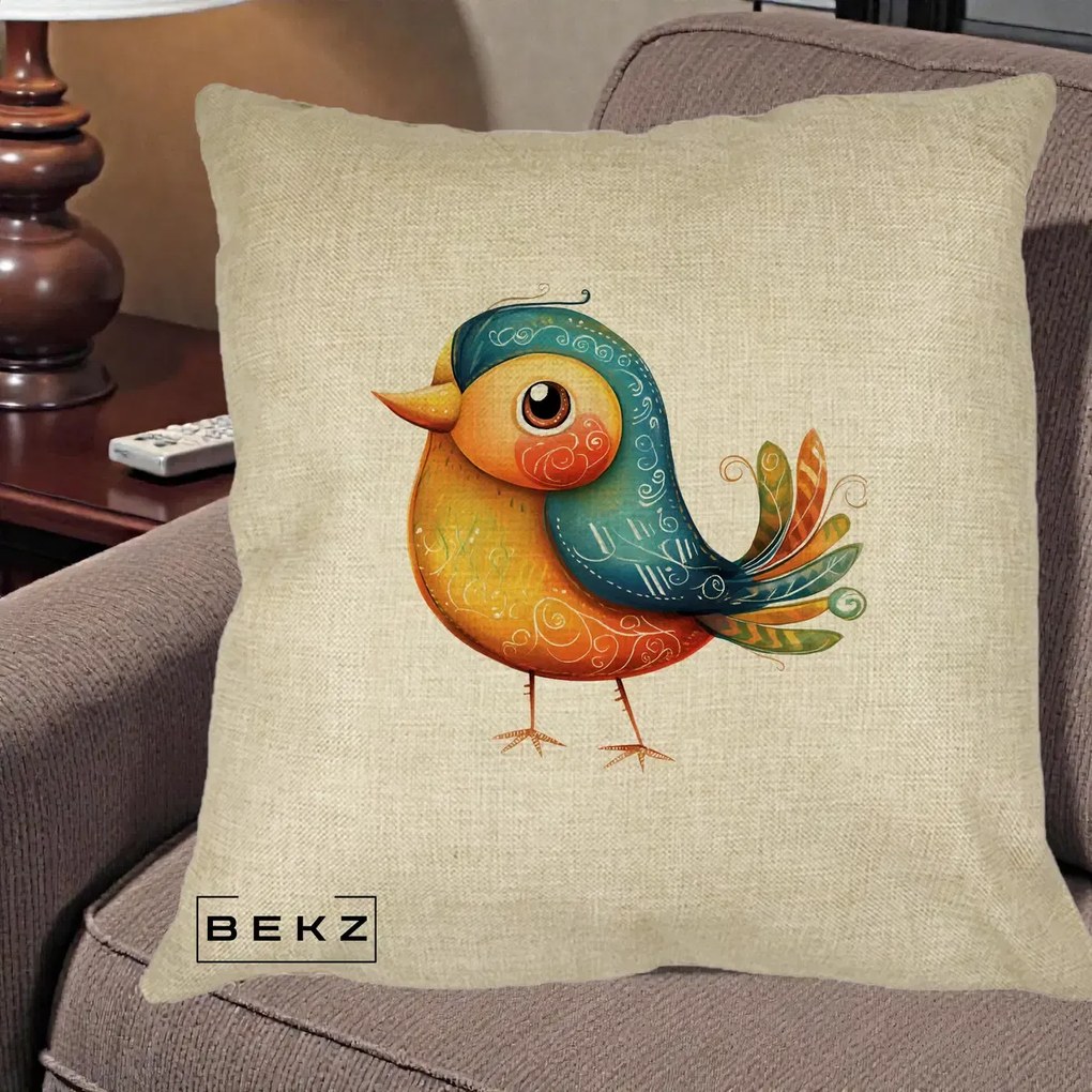 Perna Decorativa Pasare Folk Art Portocalie-Teal, 40x40 cm, Crem, Husa Detasabila, Perna Inclusa, BEKZ®