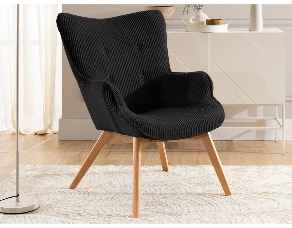 Fotoliu negru cu tapițerie din catifea reiată Niko – Ropez
