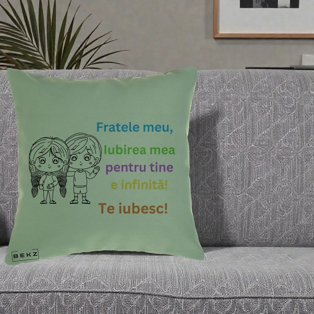 Cadou pentru Frate - Perna Personalizata Fratele Meu Te Iubesc Copii Anime Colorat, 40x40 cm, Verde, Husa Detasabila, Perna Inclusa, BEKZ®