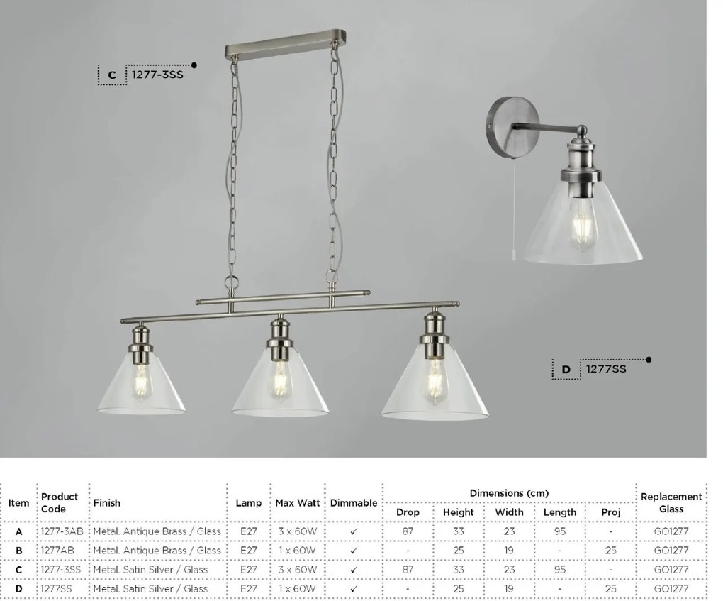 Lustra suspendata design clasic Pyramid silver satin 1277-3SS SRT