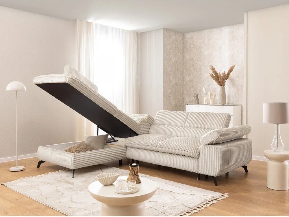 Colțar crem cu tapițerie din catifea reiată (cu colț pe partea stângă/în formă de ”L”) Marbeya – Ropez