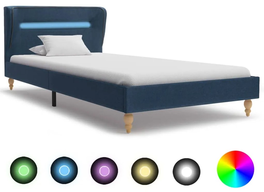 280602 vidaXL Cadru de pat cu LED-uri, albastru, 90 x 200 cm, material textil