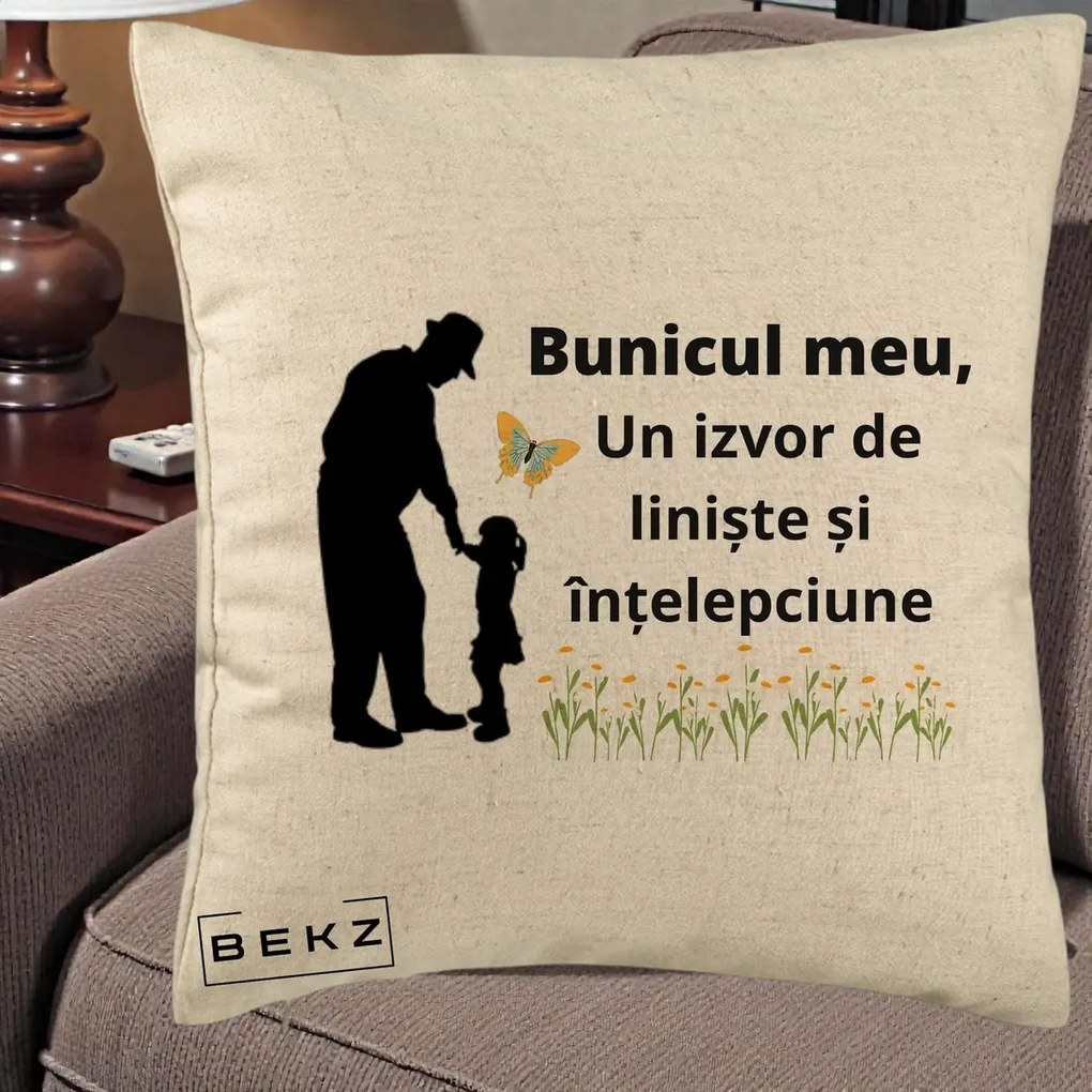Cadou pentru Bunic - Perna Personalizata Bunicul Meu Izvor de Liniste cu Fluture si Fetita, 40x40 cm, Bej, Husa Detasabila, Perna Inclusa, BEKZ®