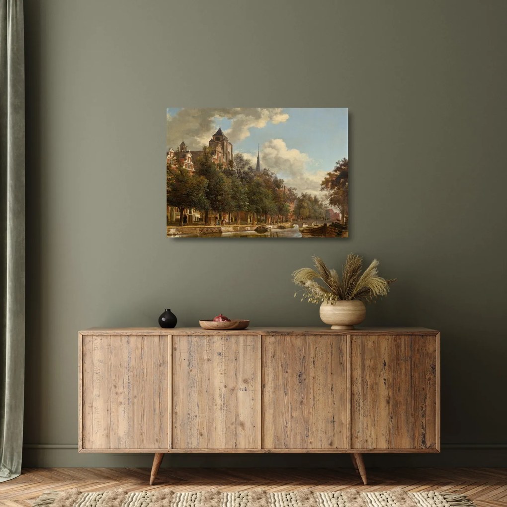 Tablou pe sticlă - Jan van der Heyden, View Down a Dutch Canal, reproducere (70x50 cm)