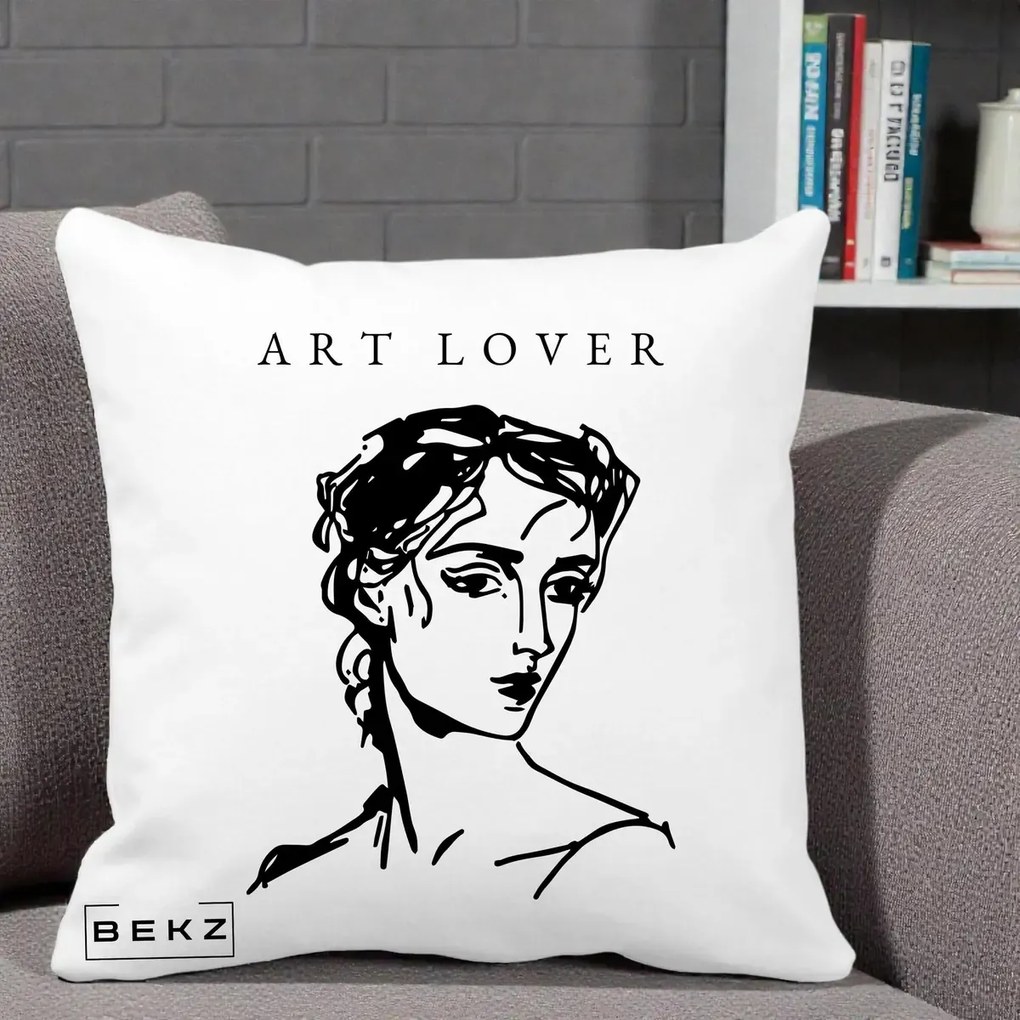 Perna Decorativa Art Lover Portret Grafic, 40x40 cm, Alba Mata, Husa Detasabila, Perna Inclusa, BEKZ®