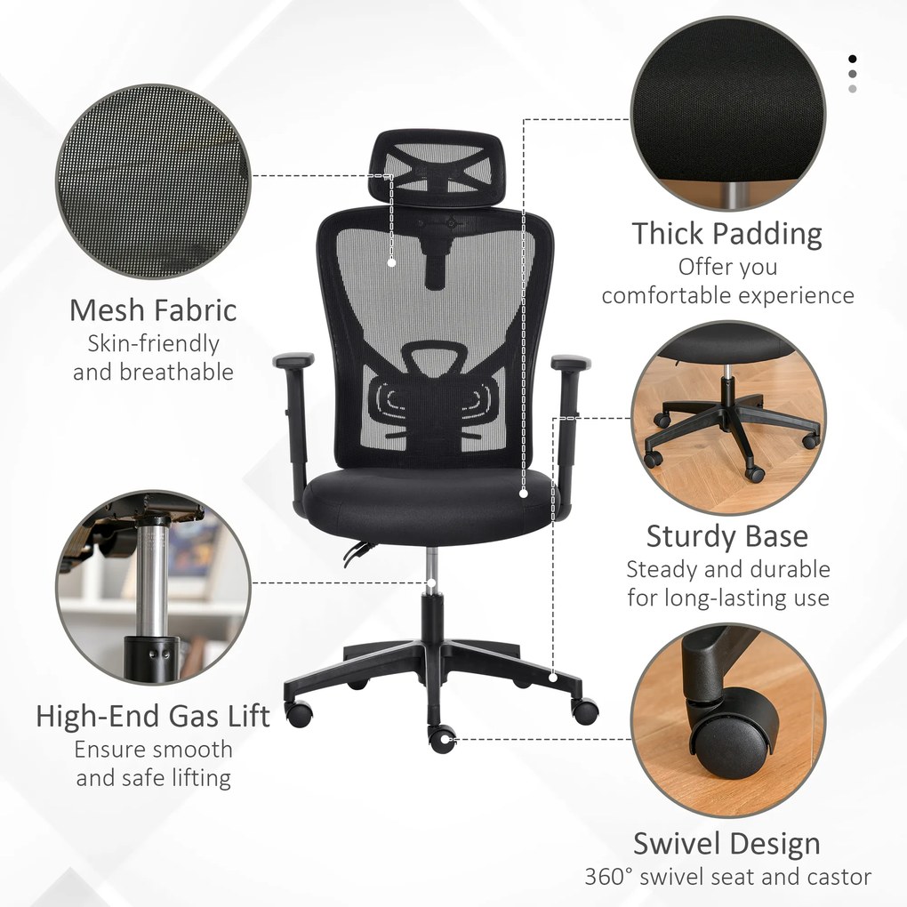 Scaun de birou ergonomic Vinsetto, Inaltime reglabila, Tetiera, 66x61x100-109.5cm, Negru