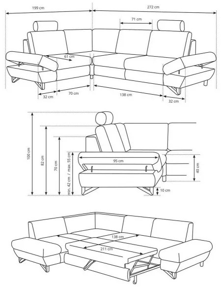 Colțar extensibil tapițat AVESTA, cu spațiu de depozitare, configurație L pe partea dreaptă, antracit