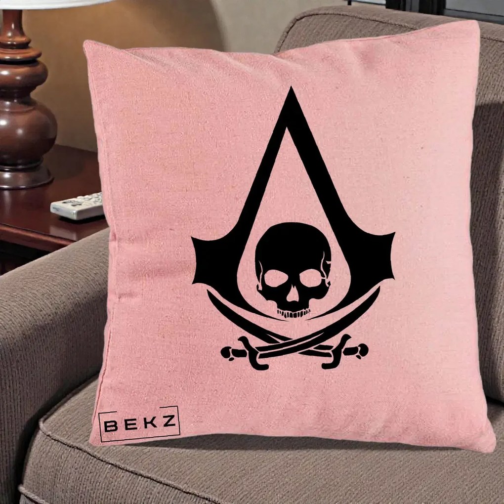Perna Personalizata Assassin's Creed Black Flag Skull, 40x40 cm, Roz, Husa Detasabila, Perna Inclusa, BEKZ®