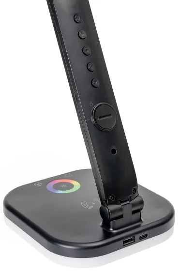 Lampă reglabilă LED RGBW cu încărcare wireless, afișaj și port USB, 6W/5V, 3000–6500K, neagră