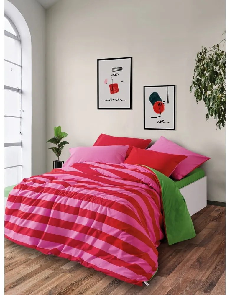 Lenjerie de pat verde-roz din bumbac ranforcé pentru pat dublu, extinsă, cu cearceaf inclus, cu 4 piese 200x220 cm Cherie – Mijolnir