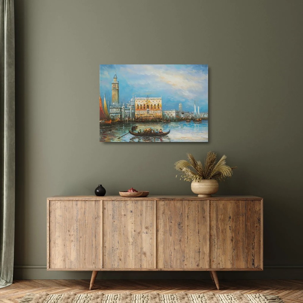 Tablou pe sticlă - Gondola care trece prin Veneția, pictură în ulei (70x50 cm)