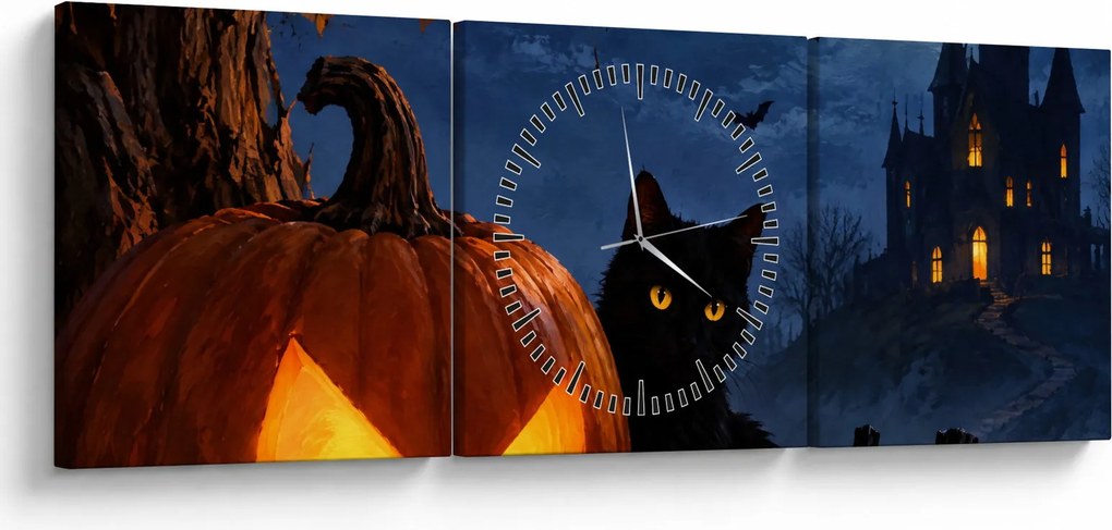 Tablou - Pisică neagră lângă un dovleac luminat de Halloween (cu ceas) (90x30 cm)