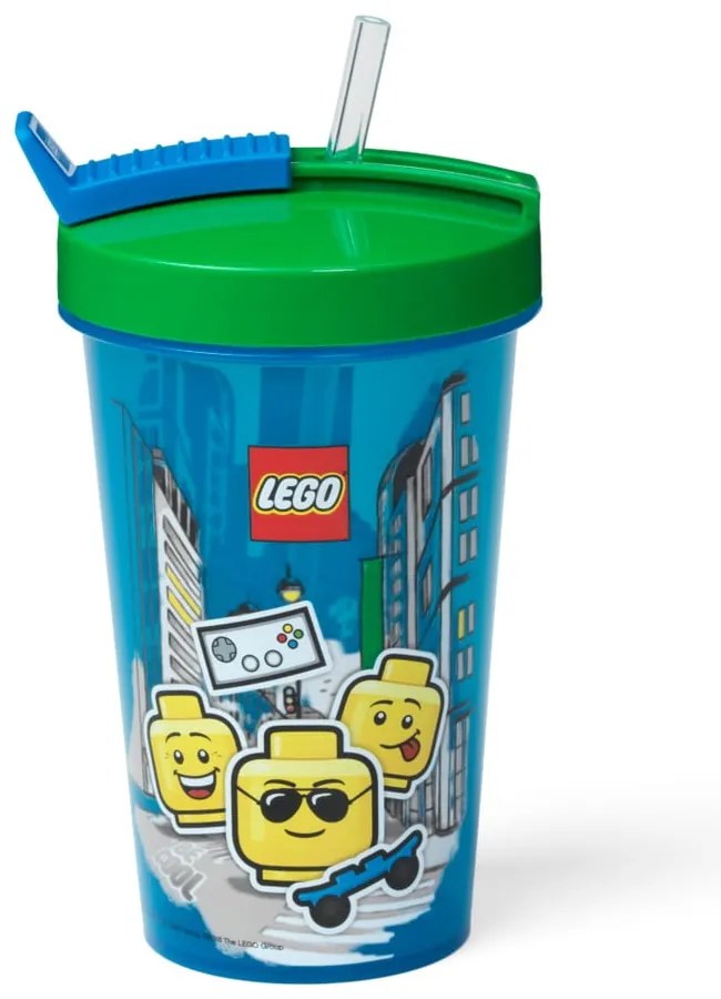 Pahar cu capac verde și pai LEGO® Iconic, 500 ml, albastru