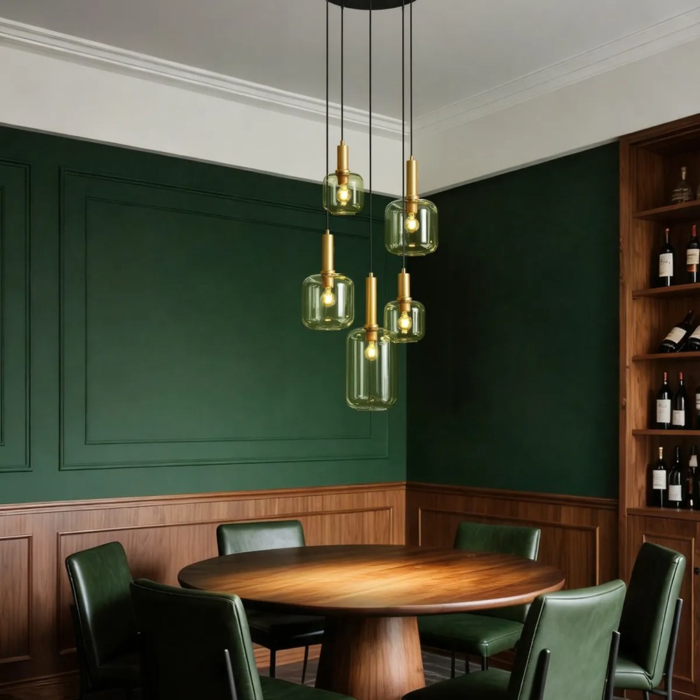 Lampă suspendată Hotel Chic negru și auriu cu sticlă verde 5 lumini - Zuzanna