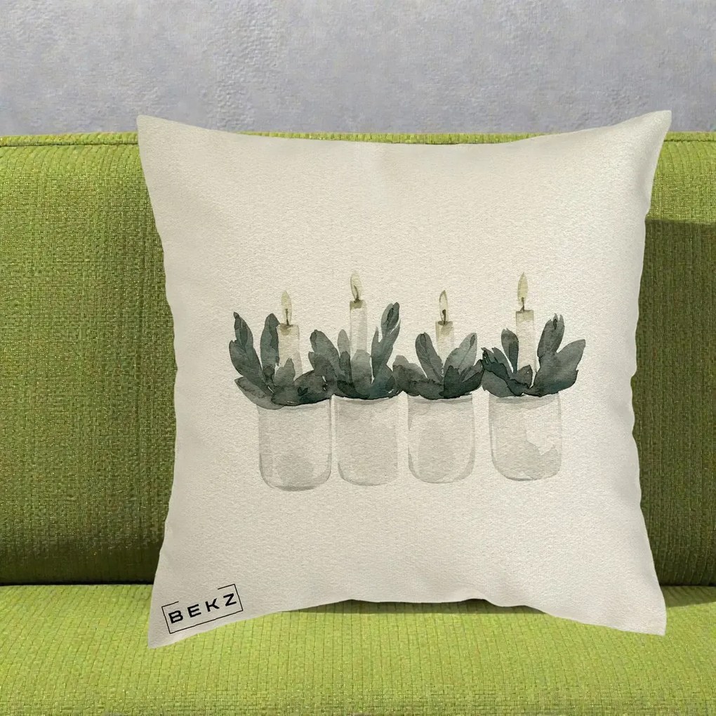 Perna Decorativa Lumanari in Borcane cu Eucalipt, 40x40 cm, Ecru, Husa Detasabila, Perna Inclusa, BEKZ®