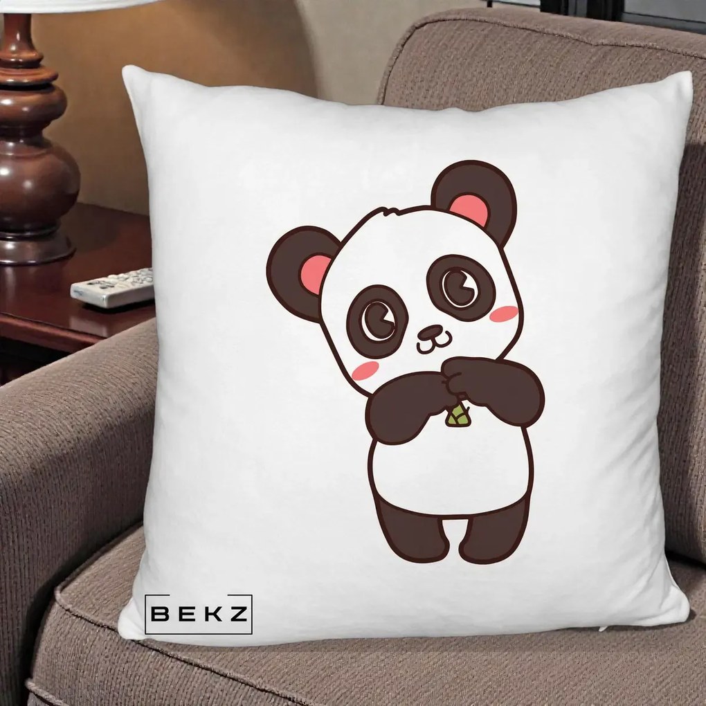 Perna Personalizata Panda Kawaii cu Bambus, 40x40 cm, Alb Pufos, Husa Detasabila, Perna Inclusa, BEKZ®