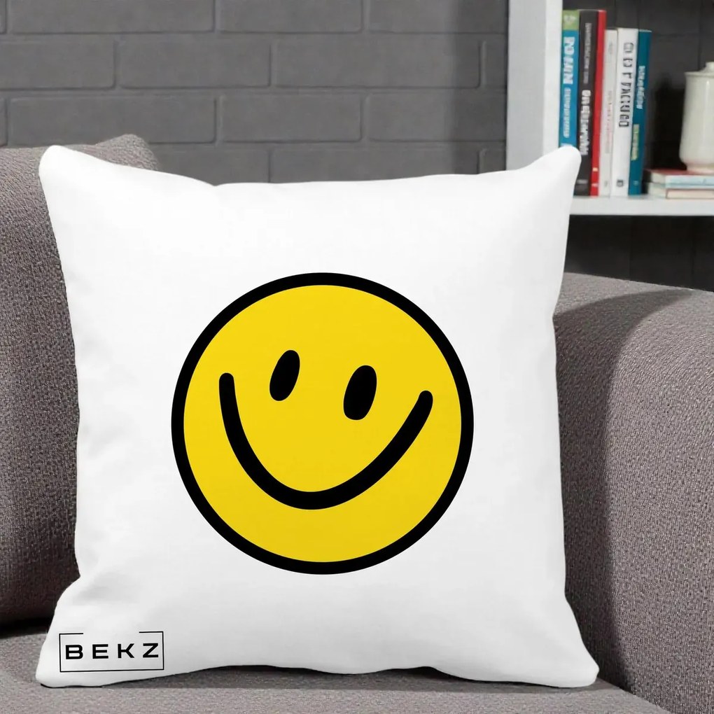 Perna Decorativa Smiley Face Galben Clasic, 40x40 cm, Alba Mata, Husa Detasabila, Perna Inclusa, BEKZ®