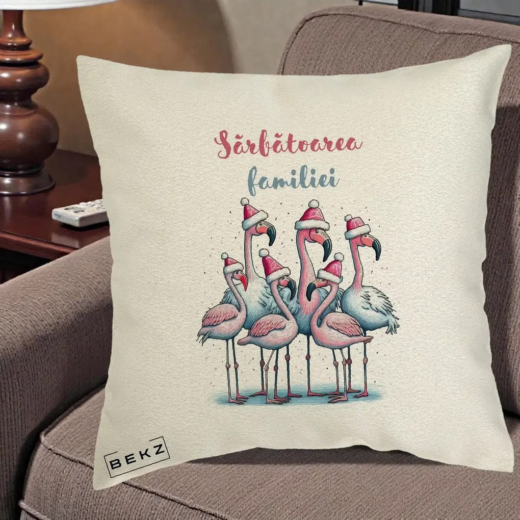 Perna Decorativa Flamingo Craciun Sarbatoarea Familiei, 40x40 cm, Ecru, Husa Detasabila, Perna Inclusa, BEKZ®