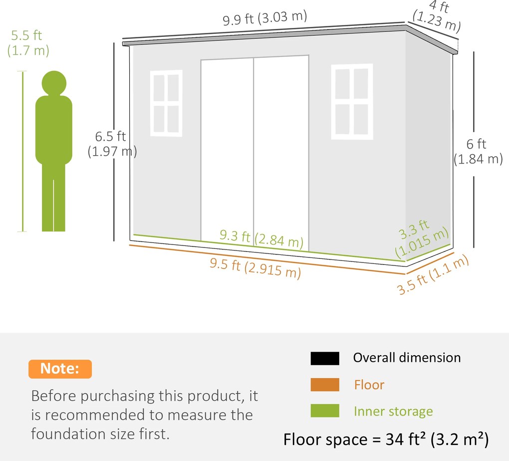 Outsunny Căsuță depozit 3,2m², șopron cu acoperiș în pantă, 303x123x197cm cu fereastră, ușă încuiabilă, orificiu de ventilație, podea | Aosom Romania
